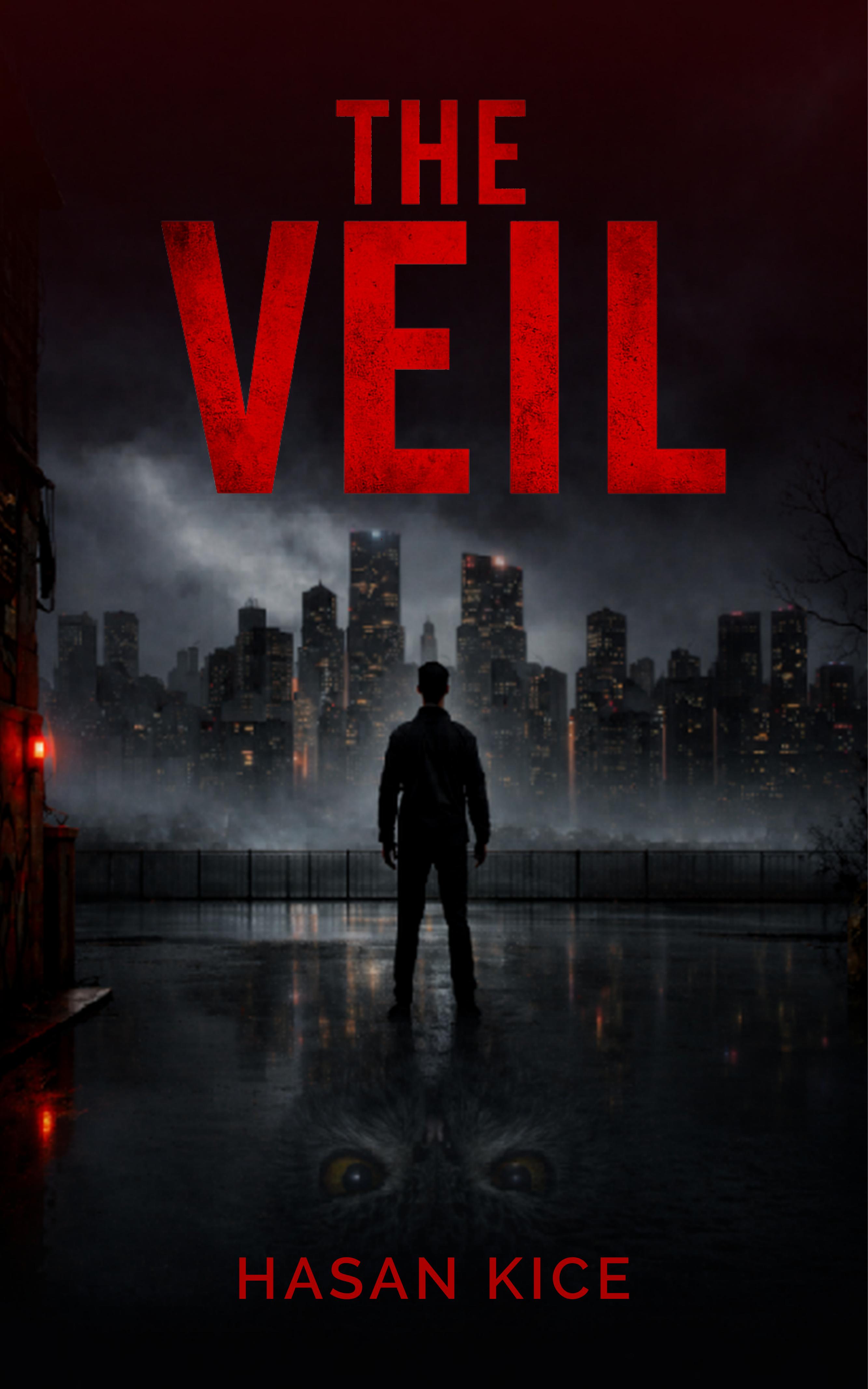 THE VEIL — Cover. Eine Silhouette blickt auf eine nebelverhangene Stadt; im Spiegelbild eines Pfützengrundes erscheinen zwei Augen.